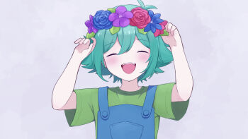 absurdres antenna_hair basil_(headspace)_(omori) basil_(omori) blue_overalls blush closed_eyes colored_skin commentary double-parted_bangs flower flower_wreath green_hair green_shirt grey_background hair_between_eyes hatoba_(hatoba_yado) head_wreath highres male_focus omori open_mouth overalls shirt short_sleeves sidelocks simple_background smile symbol-only_commentary t-shirt teeth tongue upper_body upper_teeth_only white_skin