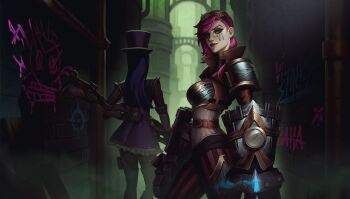 2girls armor black_pants boobplate breastplate brick_wall caitlyn_(league_of_legends) corset dress frilled_dress frills from_behind gauntlets goggles goggles_on_head graffiti gun hat highres holding holding_gun holding_weapon league_of_legends long_hair looking_at_viewer monkey multiple_girls outdoors pants pink_hair pink_lips pouch purple_dress purple_hair red_pants rifle short_hair shoulder_plates smile striped_clothes striped_pants top_hat vatheja vi_(league_of_legends) weapon