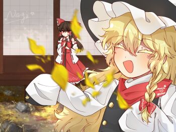 2girls ascot black_hat black_vest blonde_hair blush bow braid broom brown_hair chinese_commentary closed_eyes commentary_request detached_sleeves facing_viewer falling_petals fang frilled_bow frilled_hair_tubes frills hair_bow hair_tubes hakurei_reimu hat holding holding_broom kirisame_marisa long_hair multiple_girls nagi_(pixiv_108409221) open_mouth outdoors petals red_bow red_eyes red_scarf red_skirt ribbon-trimmed_sleeves ribbon_trim scarf side_braid signature single_braid skirt skirt_set sleeves_past_fingers sleeves_past_wrists smile sweatdrop touhou very_long_hair vest witch_hat yellow_ascot