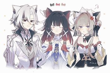 Rule 34 | 3girls, :t, anger vein, animal ear fluff, animal ears, arlecchino (genshin impact), bare shoulders, black hair, black streaks, blush, breasts, brown hair, cat ears, closed mouth, columbina (genshin impact), commentary request, detached sleeves, genshin impact, gloves, hands up, highres, kemonomimi mode, kino-cands, medium breasts, multicolored hair, multiple girls, puff of air, purple hair, red pupils, sandrone (genshin impact), simple background, smile, streaked hair, symbol-shaped pupils, white background, white gloves, white hair, x-shaped pupils