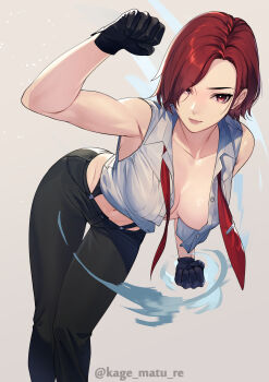 Rule 34 | 1girl, absurdres, arm up, artist name, bare shoulders, black gloves, black pants, blush, breasts, center opening, clenched hands, closed mouth, commentary request, gloves, grey background, highres, kagematsuri, large breasts, looking at viewer, navel, pants, red eyes, red hair, shirt, short hair, simple background, sleeveless, sleeveless shirt, smile, solo, the king of fighters, vanessa (kof), white shirt