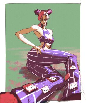 Rule 34 | 1girl, black hair, blue pants, blue tank top, border, braid, braided ponytail, breasts, commentary, cone hair bun, crop top, double bun, english commentary, green background, hair bun, halterneck, heart, heart print, highres, jojo no kimyou na bouken, kuujou jolyne, looking at viewer, lying, makeup, medium breasts, midriff, multicolored hair, on side, pants, red hair, solo, spider web print, stone ocean, tank top, two-tone hair, white border, yansom