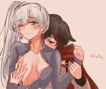 2girls black_hair blue_dress blue_eyes blush breasts cape dress gradient_hair grey_eyes groping highres holding kiss long_hair multicolored_hair multiple_girls nipple_slip nipples open_clothes ponytail red_cape ruby_rose rwby scar scar_across_eye scar_on_face short_hair small_breasts sweatdrop tuemei weiss_schnee white_hair yuri