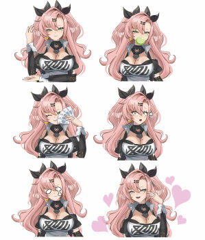 1girl absurdres banknote black_ribbon blank_eyes blowing_bubble_gum breasts chewing_gum cleavage closed_mouth comedic_teardrop commentary commentary_request english_commentary green_eyes hair_ornament hair_ribbon hairclip half-closed_eyes hand_up heart heart-shaped_pupils highres holding holding_money kurimako large_breasts long_hair looking_at_viewer loving_aura mixed-language_commentary mole mole_on_breast mole_under_eye money multiple_expressions multiple_views nicole_demara notice_lines one_eye_closed open_mouth parallel_hairclips pink_hair ribbon simple_background smile surprised symbol-shaped_pupils two_side_up white_background zenless_zone_zero