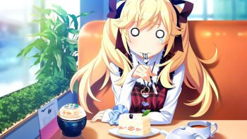 1girl arm_rest black_ribbon blank_eyes blonde_hair blue_scrunchie booth_seating cake chair closed_mouth comedic_teardrop cup day dress elbow_rest food fork game_cg grisaia_(series) grisaia_no_meikyuu hair_ribbon heart heart_necklace holding holding_fork indoors jewelry large_variant_set long_hair long_sleeves looking_at_viewer matsushima_michiru menu necklace no_nose non-web_source on_chair plaid_clothes plaid_dress plant plate red_dress restaurant ribbon scrunchie shirt sitting sleeveless sleeveless_dress sleeves_past_wrists solo strawberry_cake table tea teacup teapot turtleneck turtleneck_shirt twintails utensil_in_mouth variant_set watanabe_akio white_shirt wind wrist_scrunchie