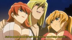 1boy 2girls animated anime_screenshot blonde_hair blue_eyes blush bouncing_breasts breast_focus breasts brown_eyes compilation dress earrings english_text freckles from_below hand_on_shoulder highres japanese_clothes jewelry kamen_no_maid_guy kimono large_breasts lipstick makeup moaning multiple_girls night orange_hair outdoors ponytail red_dress red_yukata smirk sound subtitled tagme talking upper_body video white_dress white_yukata yukata