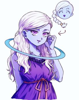 Rule 34 | 1girl, ^ ^, alternate costume, alternate hairstyle, arm behind back, blue halo, blue skin, braid, braided ponytail, casual, closed eyes, colored skin, commentary, cus, dragon ball, dragon ball super, dress, fingernails, hair undone, halo, hand in own hair, hand up, long hair, looking at viewer, mortmotodb, nail polish, parted lips, purple dress, purple eyes, purple nails, single braid, sleeveless, sleeveless dress, smile, solo, untranslatable commentary, upper body, white hair