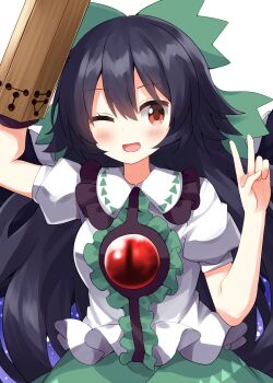 Rule 34 | 1girl, ;d, arm cannon, arm up, black hair, blush, bow, center frills, collared shirt, commentary request, frilled shirt collar, frills, green bow, green skirt, hair bow, hand up, highres, long hair, looking at viewer, one eye closed, open mouth, red eyes, reiuji utsuho, ruu (tksymkw), shirt, short sleeves, simple background, skirt, smile, solo, third eye, touhou, upper body, v, weapon, white background, white shirt