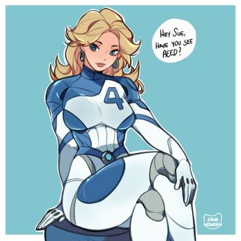 1girl blonde_hair blue_bodysuit blue_eyes bodysuit breasts earrings fantastic_four highres jewelry kamii_momoru large_breasts long_hair looking_at_viewer marvel marvel_rivals multicolored_bodysuit reed_richards simple_background smile solo sue_storm superhero_costume two-tone_bodysuit
