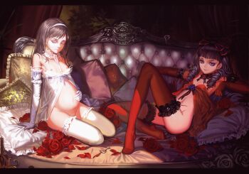2girls absurdres alphonse_(white_datura) arm_support bare_shoulders black_hair bow brown_hair chemise choker couch drill_hair elbow_gloves feet flat_chest flower frills gloves hair_bow hairband half-closed_eyes hand_on_own_stomach highres indoors key legs letterboxed loli long_hair multiple_girls nipples no_panties original petals pillow pregnant purple_eyes reclining red_gloves red_legwear rose scan scar sitting thighhighs twin_drills twintails white_gloves white_legwear