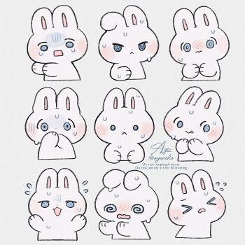 >_< 3: :< :p animal animal_focus ayu_(mog) blue_eyes blush closed_eyes closed_mouth commentary covering_own_mouth english_commentary flying_sweatdrops grey_background highres jitome looking_to_the_side multiple_views nervous no_humans nose_blush open_mouth original rabbit signature simple_background sweat tongue tongue_out twitter_username watermark