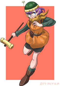 014meran 1girl asymmetrical_bangs belt bike_shorts black_shorts blue_eyes boots border brown_boots chrono_trigger commentary_request glasses green_hat hammer hat highres holding holding_hammer lucca_ashtear open_mouth outside_border pouch purple_hair red_background shorts simple_background solo white_border