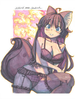 1girl ahoge animal_ear_fluff animal_ears babydoll blue_eyes blush bow bow_panties bra breasts brown_hair cleavage dated fox_ears fox_girl fox_tail frilled_garter_belt frilled_thighhighs frills garter_belt hair_between_eyes highres lace lace-trimmed_bra lace-trimmed_panties lace_trim large_breasts lingerie long_hair looking_at_viewer making-of_available marker_(medium) meiz open_mouth original panties pink_bra pink_panties shikishi smile solo tail thighhighs traditional_media twitter_username underwear underwear_only