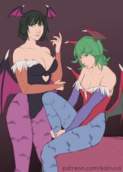 2girls cosplay darkstalkers fubuki_(one-punch_man) green_hair head_wings kalruna lilith_(darkstalkers)_(cosplay) morrigan_aensland_(cosplay) multiple_girls one-punch_man tatsumaki wings