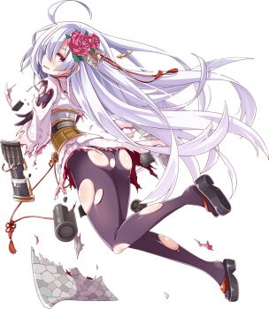 1girl ahoge akaneya ass black_pantyhose blush eyes_visible_through_hair flower from_behind full_body hair_flower hair_ornament hair_over_one_eye long_hair official_art oshiro_project:re oshiro_project:re pantyhose ponytail red_eyes shirakawa_komine_(oshiro_project) torn_clothes torn_legwear transparent_background very_long_hair white_hair