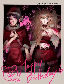 2girls bear_hair_ornament blonde_hair blood border christmas danganronpa:_trigger_happy_havoc danganronpa_(series) enoshima_junko hair_ornament happy_birthday hat highres ikusaba_mukuro incest multiple_girls pink_blood polaroid_photo santa_costume santa_hat siblings simple_background sisters tagme twincest twins white_border yuri