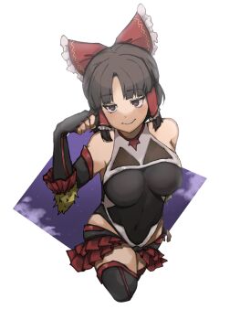 1girl benikurage_(cookie) black_eyes black_gloves black_hair black_leotard black_thighhighs bow breasts closed_mouth commentary_request cookie_(touhou) cosplay covered_navel cowboy_shot cropped_legs elbow_gloves frilled_bow frilled_hair_tubes frills gloves hair_bow hair_tubes hakurei_reimu heart heart-shaped_pupils large_breasts leotard looking_at_viewer medium_hair mizuki_yukikaze mizuki_yukikaze_(cosplay) parted_bangs red_bow seiga shishima_(a_a) smile solo symbol-shaped_pupils taimanin_(series) taimanin_suit taimanin_yukikaze thighhighs touhou white_background