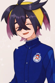 1boy :d ^_^ black_hair blue_gakuran blueberry_academy_(emblem) blueberry_academy_school_uniform closed_eyes colored_inner_hair commentary_request crossed_bangs hair_between_eyes hairband hykchiba kieran_(pokemon) male_focus mole mole_on_neck multicolored_hair nintendo open_mouth pokemon pokemon_sv purple_hair school_uniform smile solo star_(symbol) two-tone_hair yellow_hairband