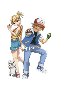 1boy 1girl :d ash_ketchum ash_ketchum_(cosplay) asymmetrical_hair baseball_cap belt blonde_hair brown_eyes brown_hair clenched_hand cosplay denim denim_shorts fairy_tail fingerless_gloves gloves green_gloves grin hat highres holding holding_poke_ball jacket jeans looking_at_viewer lucy_heartfilia misty_(pokemon) misty_(pokemon)_(cosplay) natsu_dragneel nintendo no_socks open_clothes open_jacket open_mouth orange_hair pants poke_ball poke_ball_(basic) pokemon ponytail shirt shoes short_hair short_ponytail short_sleeves shorts side_ponytail sleeveless sleeveless_shirt smile sneakers standing suspenders teeth