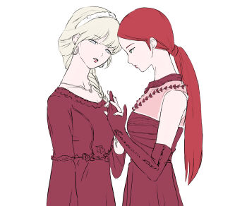 12_07sh 2girls absurdres blonde_hair blue_eyes braid braided_ponytail commentary cowboy_shot dress earrings elbow_gloves gfriend gloves highres holding_hands jewelry long_sleeves looking_at_another looking_at_viewer multiple_girls necklace ponytail red_dress red_gloves red_hair simple_background sinb_(gfriend) white_background yerin_(gfriend)