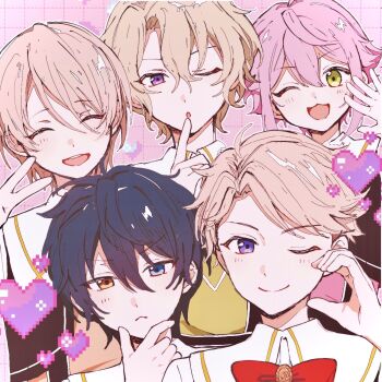 5boys :&lt; ;) black_hair blonde_hair blue_eyes bow c54chu0113 closed_eyes commentary_request ensemble_stars! girly_boy green_eyes hair_between_eyes half-heart_hands hand_on_own_chin hand_up heterochromia highres himemiya_tori kagehira_mika light_blush long_sidelocks male_focus multiple_boys narukami_arashi one_eye_closed open_mouth pink_hair portrait pretty_five_(ensemble_stars!) purple_eyes red_bow shiratori_aira_(ensemble_stars!) shirt short_hair short_sleeves sidelocks smile tomoe_hiyori upper_body v white_shirt yellow_eyes