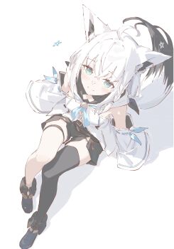 Rule 34 | 1girl, absurdres, ahoge, animal ear fluff, animal ears, black bow, black shoes, black shorts, black thighhighs, blue eyes, bow, closed mouth, commentary, daimyojin t, fox ears, fox girl, fox tail, hair bow, highres, hololive, long hair, looking at viewer, shirakami fubuki, shirakami fubuki (1st costume), shoes, shorts, single thighhigh, smile, solo, symbol-only commentary, tail, thighhighs, virtual youtuber, white background, white hair
