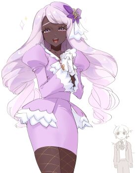 1girl 1other commentary dark-skinned_female dark_skin dress feet_out_of_frame flower gloves hair_flower hair_ornament highres jacinthe_(pokemon) long_hair looking_at_viewer nintendo open_mouth pokemon pokemon_legends:_z-a purple_dress purple_eyes purple_hair saesoon_dobby simple_background smile standing symbol-only_commentary teeth upper_teeth_only very_dark_skin white_background white_gloves