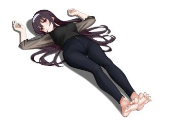 1girl absurdres barefoot black_hair feet hairband highres kasumigaoka_utaha light_blush long_hair looking_at_viewer lying mr.blackcat666 on_back red_eyes saenai_heroine_no_sodatekata soles toes