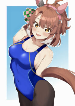animal_ears black_pantyhose blue_one-piece_swimsuit blush breasts brown_eyes brown_hair brown_tail cleavage collarbone commentary_request competition_swimsuit covered_navel cowboy_shot dantsu_flame_(umamusume) ear_covers hanasato_miya highres horse_ears horse_girl horse_tail large_breasts multicolored_hair one-piece_swimsuit open_mouth pantyhose pantyhose_under_swimsuit parted_bangs smile streaked_hair swimsuit tail umamusume white_hair white_streaks
