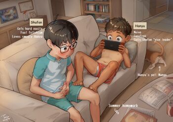 2boys aqua_shirt aqua_shorts barefoot black_hair blush brown_hair cat couch english_text erection glasses grey_eyes highres indoors male_focus male_masturbation masturbation multiple_boys nintendo_switch on_couch original penis playing_games reclining red_shorts shirt shorts shota sitting topless_male toxyz two-tone_shirt uncensored white_shirt yaoi