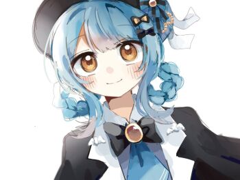 1girl black_bow black_capelet black_hat blue_hair blue_necktie bow braid braided_hair_rings capelet closed_mouth deerstalker hair_rings hat looking_at_viewer mahou_shoujo_no_majo_saiban necktie short_hair simple_background smile solo tachibana_sherry toruriri0718 upper_body white_background yellow_eyes