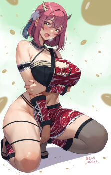 Rule 34 | 1girl, absurdres, akihiro0920, apple, arm under breasts, black bra, black thighhighs, blush, bra, breasts, cleavage, commentary request, dated, demon horns, flower, food, fruit, green background, hair between eyes, hair flower, hair ornament, hanazono hakari, highres, horns, kimi no koto ga dai dai dai dai daisuki na 100-nin no kanojo, large breasts, looking at viewer, navel, open mouth, red hair, setsubun, short hair, sidelocks, single thighhigh, solo, squatting, thighhighs, thighs, underwear, white flower