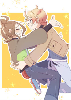 1boy 1girl bell-bottoms blonde_hair blue_eyes blue_shirt blush brown_hair brown_jacket catching closed_eyes commentary_request gradient_hair green_jacket hair_bun harmony_(pokemon) highres jacket multicolored_hair multicolored_jacket nanashino_(7shino_gs) nintendo open_clothes open_jacket pants pink_hair pokemon pokemon_legends:_z-a shirt sparkle surprised sweatdrop two-tone_hair two-tone_jacket urbain_(pokemon) wide-eyed