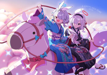 >_< 2026 2girls :d arona_(blue_archive) black_hairband black_kimono blue_archive blue_halo blue_kimono braid closed_mouth commentary_request floral_print floral_print_kimono flower grey_eyes grey_hair hair_flower hair_ornament hair_over_one_eye hairband halo hand_up happy_new_year highres holding holding_hands holding_reins horseback_riding japanese_clothes kimono long_hair multiple_girls new_year obi open_mouth pink_sash plana_(blue_archive) print_kimono red_halo reins riding sandals sash shrimp1634 sitting smile socks tabi very_long_hair white_flower white_hairband white_socks xd zouri