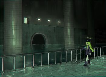1girl backrooms_(creepypasta) black_hat black_shoes black_skirt blue_archive commentary dark_room dream_pool fence green_hair green_halo halo hat highres hikari_(blue_archive) indoors iron_fence liminal_space long_hair long_sleeves medama_soft morse_code_commentary pillar pointy_ears pool_ladder scenery shoes skirt solo tile_floor tile_wall tiles walking water wide_shot