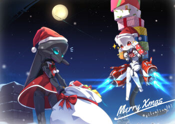 Rule 34 | 2girls, blue eyes, box, christmas, christmas ornaments, commentary, dress, gift, gift box, hat, humanoid robot, joints, mechanical hair, merry christmas, metal skin, multiple girls, original, red dress, red eyes, robot, robot girl, robot joints, sack, sanbonzuno, santa hat, science fiction, thrusters