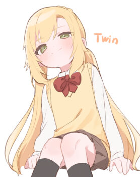 1boy adapted_costume blonde_hair bow bowtie braid collared_shirt commentary_request crossdressing crossdressing_(mtf) crown_braid green_eyes highres kibimaro kneehighs long_hair long_sleeves looking_at_viewer male_focus nijisanji pleated_skirt red_bow red_bowtie school_uniform shirt simple_background sitting skirt smile socks solo sweater_vest trap twintails uzuki_kou uzuki_kou_(3rd_costume) virtual_youtuber white_background white_shirt yellow_sweater_vest