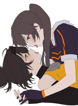 Rule 34 | 2girls, absurdres, after kiss, ahoge, black gloves, black hairband, blush, breasts, brown hair, commentary, double-parted bangs, duel monster, elbow gloves, fingerless gloves, gloves, green eyes, hairband, half-closed eyes, highres, holding hands, hood, hood down, i:p masquerena, large breasts, looking at another, multiple girls, nbee ya, open mouth, ponytail, s-force rappa chiyomaru, saliva, saliva trail, shirt, short sleeves, simple background, sleeveless, sleeveless shirt, tongue, tongue out, upper body, white background, yellow shirt, yu-gi-oh!, yuri