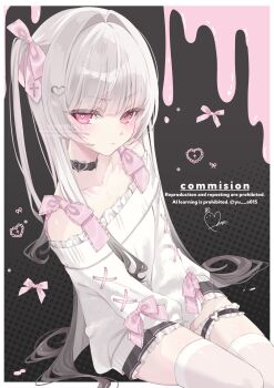 Rule 34 | 1girl, bare shoulders, black choker, blush, border, choker, closed mouth, collarbone, commission, cowboy shot, frilled shirt, frilled thigh strap, frills, grey hair, hair ornament, hair ribbon, heart, heart-shaped pupils, heart hair ornament, highres, long hair, long sleeves, looking at viewer, original, outside border, pink eyes, pink ribbon, ribbon, shirt, solo, symbol-shaped pupils, thigh strap, thighhighs, white border, white shirt, white thighhighs, wispy bangs, yu o015