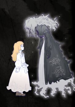 2girls beifeeng brown_hair brown_shoes catherine_(project_moon) child dress dual_persona every_catherine_(project_moon) floating_hair full_body ghost grey_dress grey_hair grey_jacket highres jacket jewelry limbus_company long_hair long_sleeves multiple_girls necklace project_moon puffy_long_sleeves puffy_sleeves shoes sidelocks white_dress