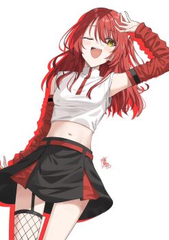 1girl arm_warmers black_skirt bocchi_the_rock! commentary_request fishnet_thighhighs fishnets highres kanaria_hisagi kita_ikuyo looking_at_viewer navel one_eye_closed open_mouth red_arm_warmers red_hair shirt simple_background skirt sleeveless sleeveless_shirt teeth thighhighs upper_teeth_only white_background white_shirt yellow_eyes