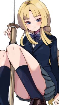 1girl black_jacket blonde_hair inazuma_eleven_(series) jacket looking_at_viewer mirina1219 school_swimsuit school_uniform simple_background skirt solo swimsuit twitter white_background white_hair