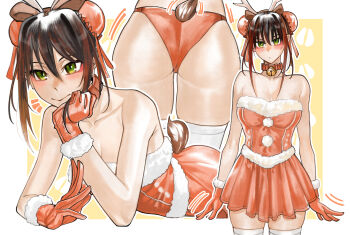 1girl absurdres animal_ears antlers armpit_crease ass bare_shoulders bell blush border breasts brown_hair closed_mouth collar deer_antlers deer_ears deer_tail dress eyeliner fake_animal_ears fake_antlers fate/grand_order fate_(series) fur-trimmed_dress fur-trimmed_gloves fur_trim gloves green_eyes hair_between_eyes head_rest highres horns kamisato_sora looking_at_viewer makeup medium_hair multiple_views neck_bell outside_border panties qin_liangyu_(fate) red_collar red_dress red_eyeliner red_gloves red_panties red_ribbon ribbon santa_costume santa_dress sleeveless sleeveless_dress smile strapless strapless_dress tail thighhighs thighs underwear white_border white_thighhighs zettai_ryouiki