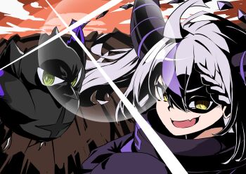 1girl absurdres ahoge collar crow_(la+_darknesss) demon_girl demon_horns diffraction_spikes eyecatch fang hair_between_eyes highres hololive horns la+_darknesss lens_flare looking_at_viewer metal_collar multicolored_hair open_mouth pleia90 purple_hair silver_hair skin_fang solo streaked_hair striped_horns tengen_toppa_gurren_lagann ttgl_eyecatch virtual_youtuber yellow_eyes