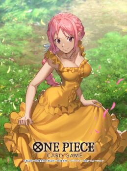 1girl closed_mouth commentary_request copyright_name dai-xt dress eyelashes frilled_dress frills highres long_dress looking_at_viewer official_art on_grass one_piece one_piece_card_game pink_eyes pink_hair pink_petals ponytail rebecca_(one_piece) smile solo yellow_dress