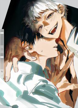2boys arm_around_neck avandee11949 black_hair blush center_opening collared_shirt grey_eyes hand_on_another&#039;s_chest highres hikaru_ga_shinda_natsu indou_hikaru male_focus mole mole_under_eye multiple_boys open_mouth parted_lips red_pupils school_uniform shirt short_hair smile sweatdrop tsujinaka_yoshiki upper_body white_hair white_shirt yaoi