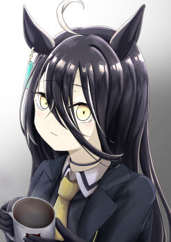 1girl absurdres black_choker black_gloves black_hair black_shirt choker coffee collared_shirt commentary_request contrast_collar cup ear_ornament ear_tag earrings gloves gradient_background grey_background hair_between_eyes hands_up highres holding holding_cup jewelry long_hair long_hair_between_eyes long_sleeves looking_at_viewer manhattan_cafe_(umamusume) mug necktie parted_lips shirt simple_background single_earring solo steam steaming_cup umamusume user_khun5827 yellow_eyes yellow_necktie