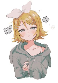 1girl alternate_costume blonde_hair blush bow collarbone commentary_request cropped_torso double-parted_bangs drawstring fang grey_eyes grey_hoodie hair_between_eyes hair_bow hair_ornament hairclip highres hood hoodie kagamine_rin long_sleeves looking_down medium_hair nail_polish onemubot open_mouth parallel_hairclips sidelocks simple_background sleeves_past_fingers sleeves_past_wrists solo spaghetti_strap upper_body vocaloid white_background white_bow yellow_nails