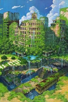 2026 abandoned blue_sky building clock clock_tower cloud commentary_request day dilapidated escalator highres no_humans original outdoors overgrown post-apocalypse road_sign ruins scenery sign signature sky stairs tokyogenso tower traditional_media train tree water waterfall