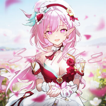 1445286239 1girl braid braided_bangs breasts cleavage commentary diamond-shaped_pupils diamond_(shape) dress earrings elysia_(hi_love_elf)_(honkai_impact) elysia_(honkai_impact) gloves hair_ornament hands_up hat heart heart_earrings heart_hair_ornament highres honkai_(series) honkai_impact_3rd jewelry large_breasts long_hair looking_at_viewer open_mouth outdoors pink_eyes pink_hair pink_petals pointy_ears sample_watermark single_bare_shoulder single_glove smile solo symbol-shaped_pupils watermark white_dress white_gloves white_hat